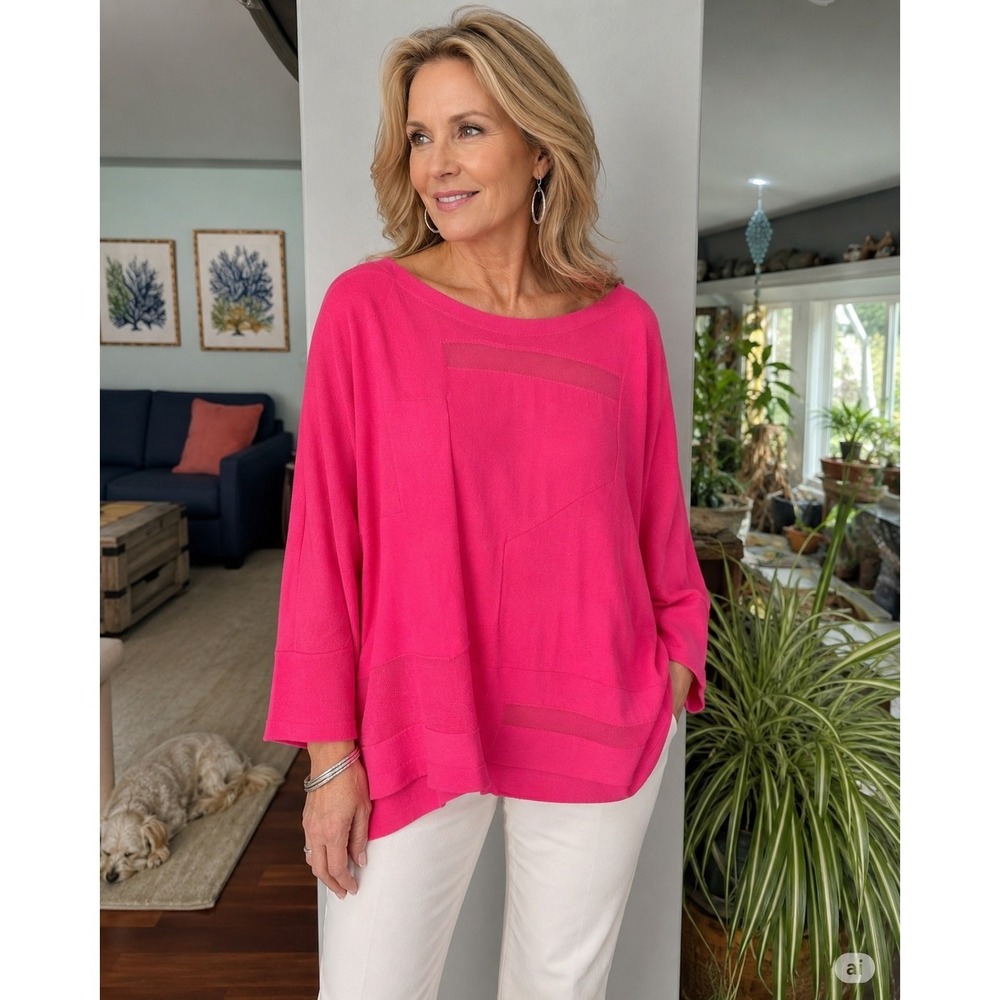 Joseph Ribkoff Pink Sheer Overlay Knit Sweater Top XL relaxed Dolman Sleeve Luxe